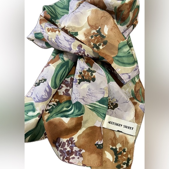 Accessory Street Accessories - 100% silk long scarf lilac purple green tan brown white floral 60" L x 10" W